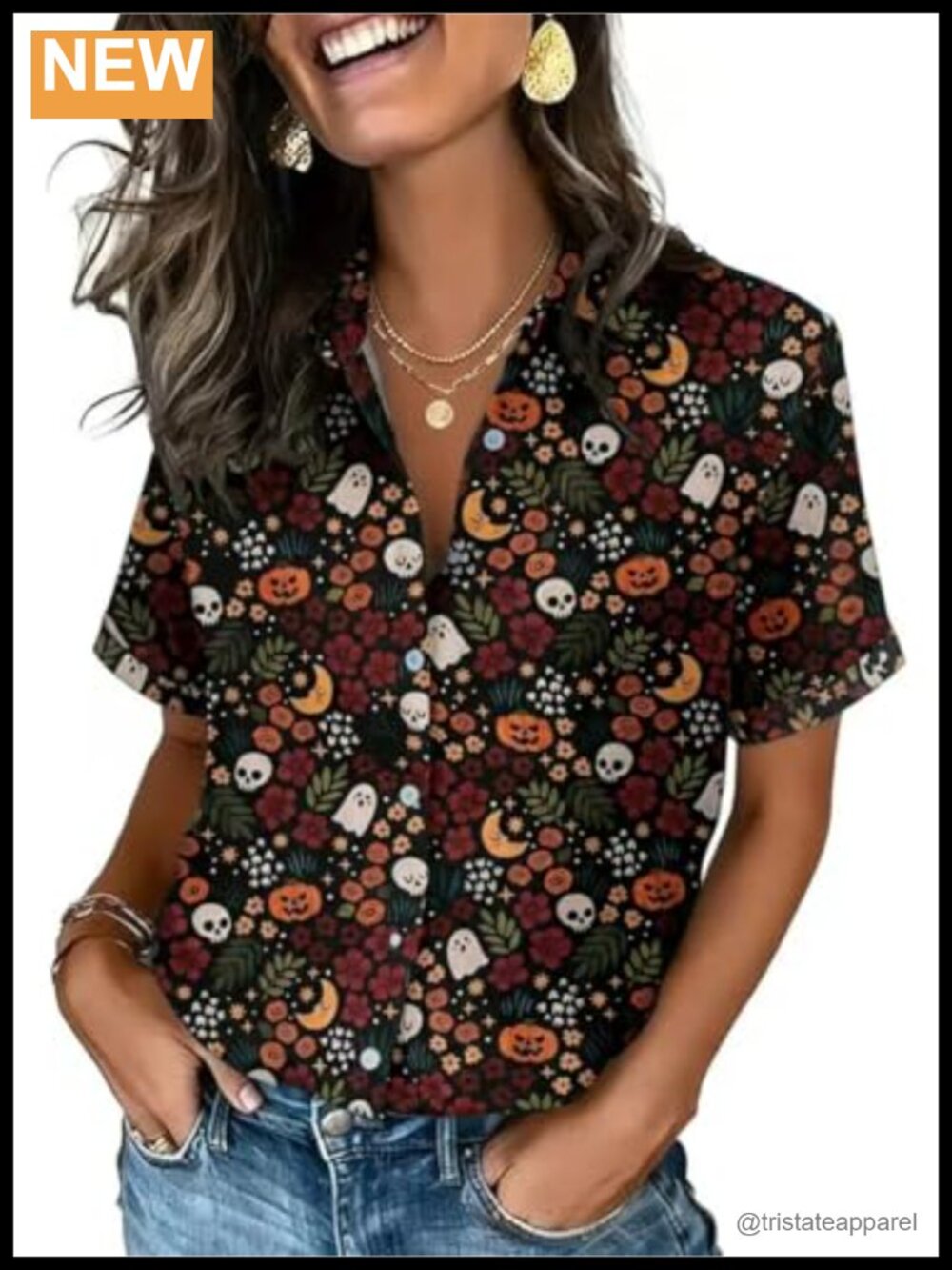 Women's Halloween Button Down Shirt Casual Fall Pumpkin Cat Print Short Sleeve